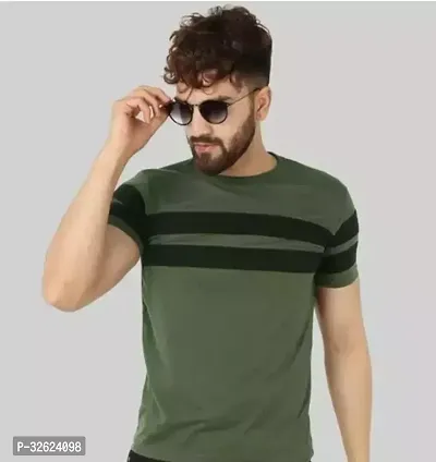 Reliable Olive Cotton Blend Striped Round Neck Tees For Men-thumb0