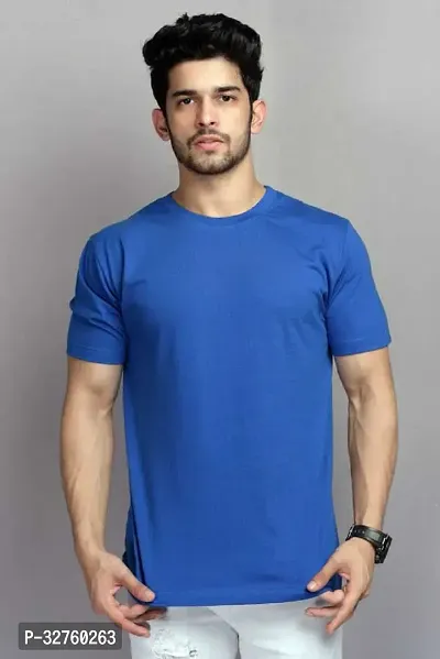 Reliable Blue Cotton Blend Solid Round Neck Tees For Men-thumb0