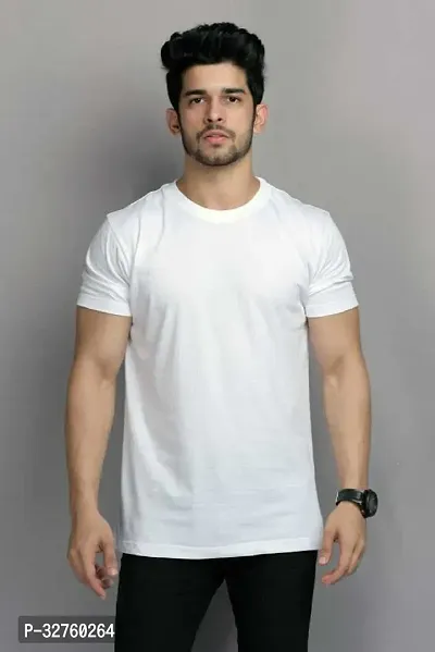 Reliable White Cotton Blend Solid Round Neck Tees For Men-thumb0