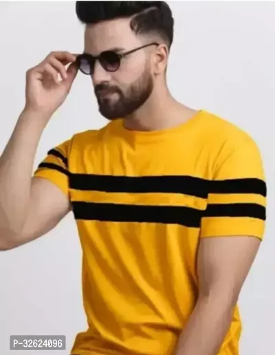 Reliable Yellow Cotton Blend Striped Round Neck Tees For Men-thumb0