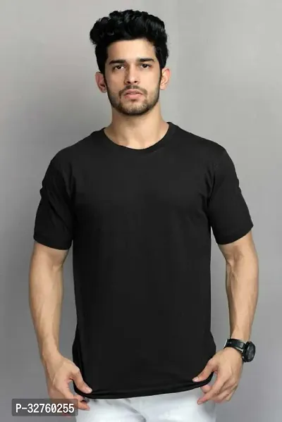 Reliable Black Cotton Blend Solid Round Neck Tees For Men-thumb0