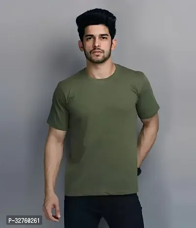 Reliable Olive Cotton Blend Solid Round Neck Tees For Men-thumb0