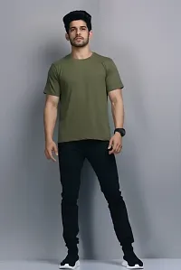 Reliable Olive Cotton Blend Solid Round Neck Tees For Men-thumb4