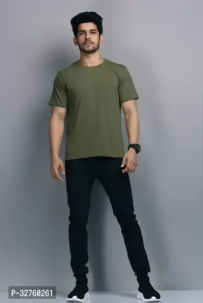 Reliable Olive Cotton Blend Solid Round Neck Tees For Men-thumb5