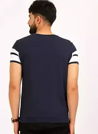 Reliable Navy Blue Cotton Blend Striped Round Neck Tees For Men-thumb1