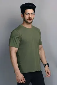 Reliable Olive Cotton Blend Solid Round Neck Tees For Men-thumb2