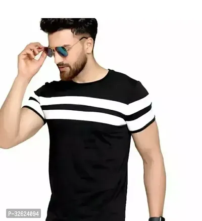 Reliable Black Cotton Blend Striped Round Neck Tees For Men-thumb0