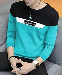 Reliable Blue Cotton Blend Striped Round Neck Tees For Men-thumb1