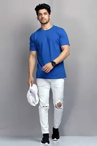 Reliable Blue Cotton Blend Solid Round Neck Tees For Men-thumb4