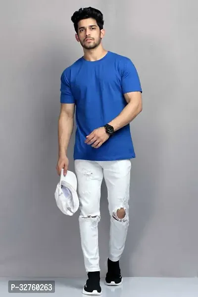 Reliable Blue Cotton Blend Solid Round Neck Tees For Men-thumb5