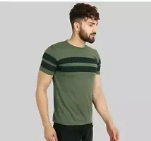 Reliable Olive Cotton Blend Striped Round Neck Tees For Men-thumb1