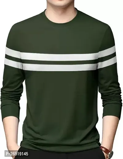 Solid Striped Olive Color Round Neck Full Sleeves Regular Fit T-Shirts For Men-thumb0