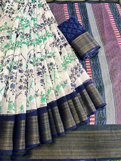 Cotton Floral Printed Zari Border Sarees with Blouse piece