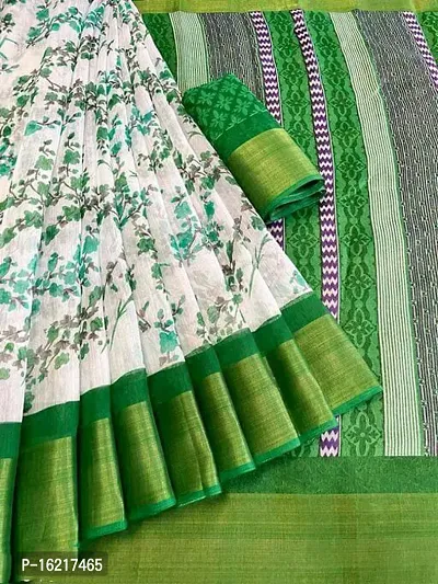 Stylish Green Cotton Blend Saree With Blouse Piece For Women-thumb0