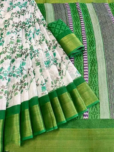 Cotton Floral Printed Zari Border Sarees with Blouse piece