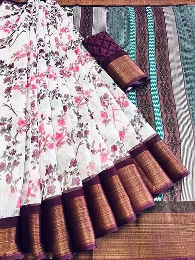 Cotton Floral Printed Zari Border Sarees with Blouse piece