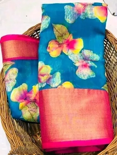 Cotton Silk Floral Printed Zari Patta Sarees with Blouse piece
