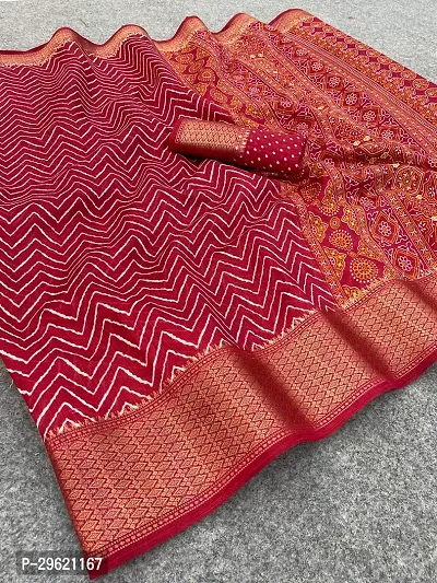 Stylish Red Linen Blend Saree With Blouse Piece For Women