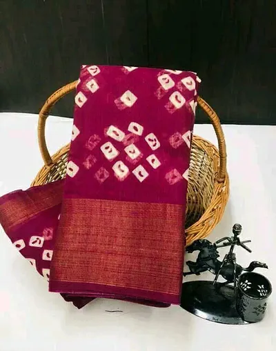 Cotton Blend Bandhani Print Sarees With Blouse Piece