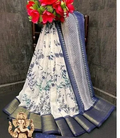 Attractive Linen Printed Zari Border Sarees With Blouse Piece