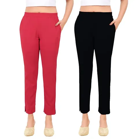 Buy PT Latest Toko Stretchable Trousers for Women Straight Fit Pant for  Casual, and Office wear with Elastic Waist and Pockets. Combo Pack of 2 Red  White at