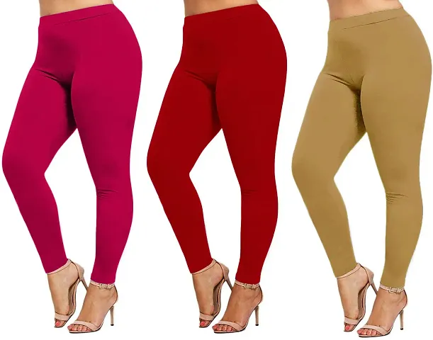 Stylish Cotton Blend Solid Leggings For Women - Pack Of 3