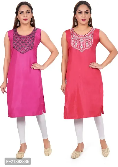 Elegant Multicoloured Poly Silk Embroidered Kurta For Women Combo Of 2-thumb0