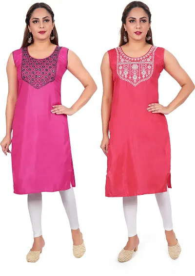 Elegant Poly Silk Embroidered Kurta For Women Combo Of 2