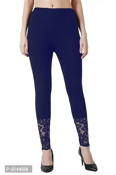 PT Designer Latest Cotton Ankle Length Bottom wear Fancy Leggings for Women with net lace Regular Fit Solid Leggings-thumb0