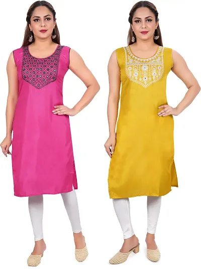 Elegant Poly Silk Embroidered Kurta For Women Combo Of 2