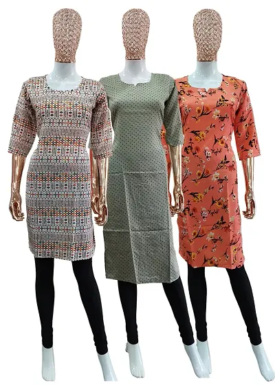 Fancy Multicoloured A-Line Crepe Printed Kurti - Pack of 3