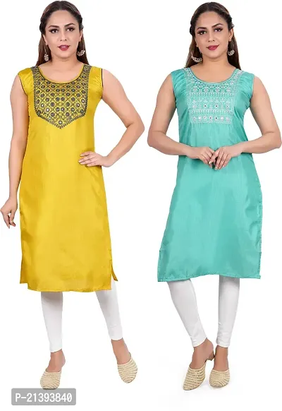 Elegant Multicoloured Poly Silk Embroidered Kurta For Women Combo Of 2