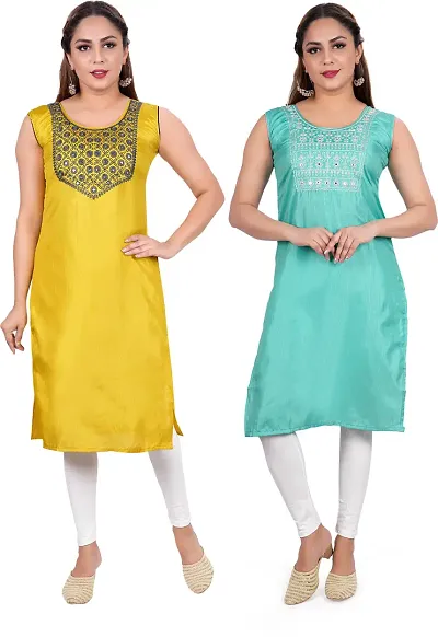 Elegant Poly Silk Embroidered Kurta For Women Combo Of 2