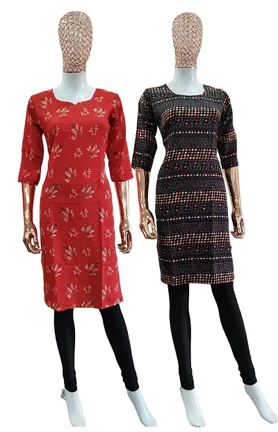 Fancy Multicoloured A-Line Crepe Printed Kurti - Pack of 2
