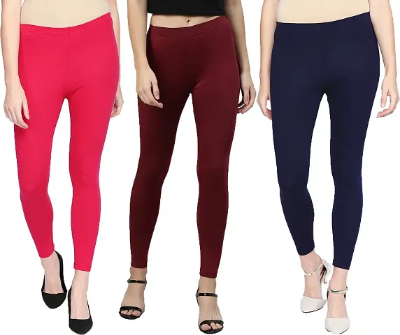 Stylish Cotton Blend Solid Leggings For Women - Pack Of 3