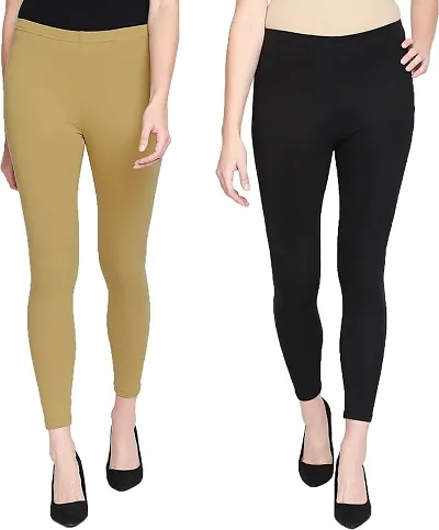 Stylish Cotton Blend Solid Leggings For Women - Pack Of 2