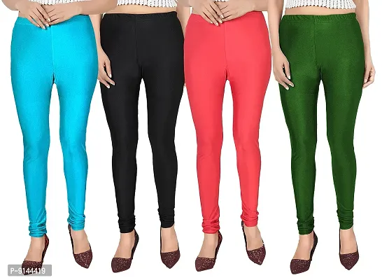 PT Stretchable fit Satin Shiny Lycra Shimmer Chudidar Leggings for Women and Girl in Wide Shades of Vibrant Colors in Regular and Plus Size (23 Colors) Pack of 4 Women Leggings