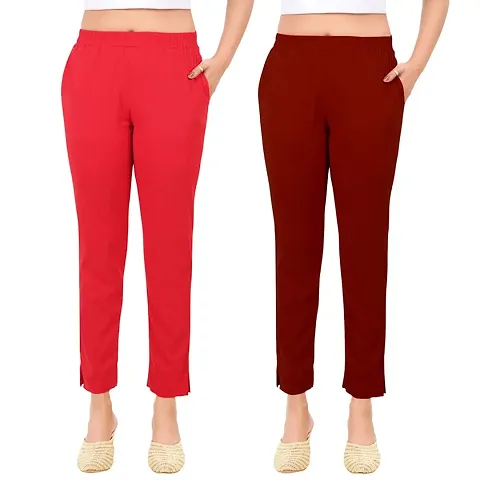 PT Latest Toko Stretchable Trousers for Women (Pack of 2) Straight Fit Pant for Casual, Daily and Office wear with Elastic Waist and Pockets.