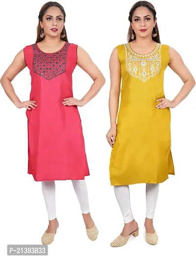 Elegant Multicoloured Poly Silk Embroidered Kurta For Women Combo Of 2