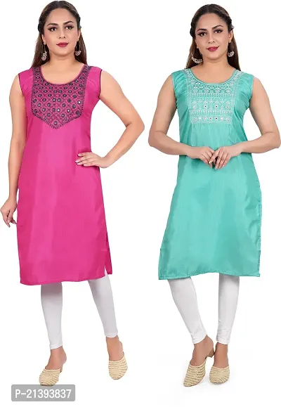 Elegant Multicoloured Poly Silk Embroidered Kurta For Women Combo Of 2