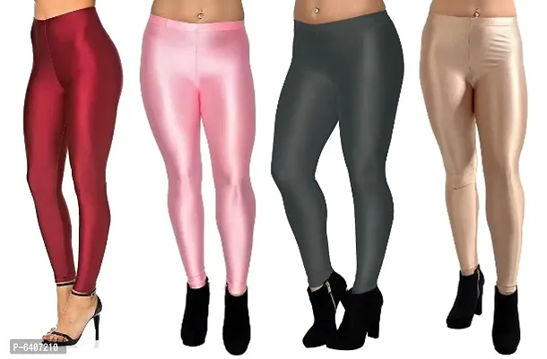 Stunning Satin Lycra Solid Leggings For Women- Pack Of 4