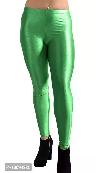 Beautiful Shiny Lycra Blend Green Leggings For Women