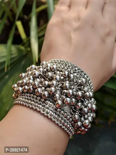 Oxidised German Silver Ghungroo Cuff Bracelet Traditional Banjara Boho Jewellery Kada Bangle for Women Grey