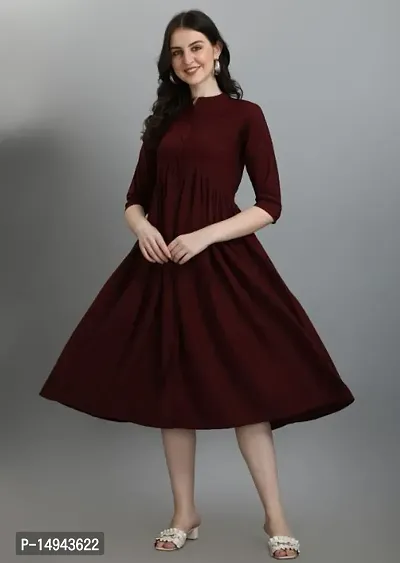 Stylish Maroon Crepe Solid Fit And Flare Dress For Women
