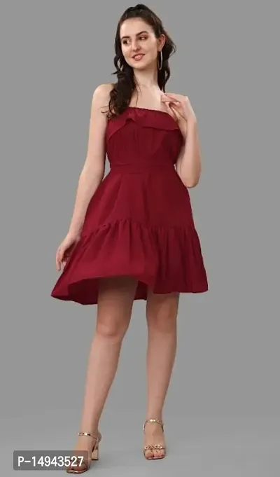 Stylish Red Crepe Solid Fit And Flare Dress For Women