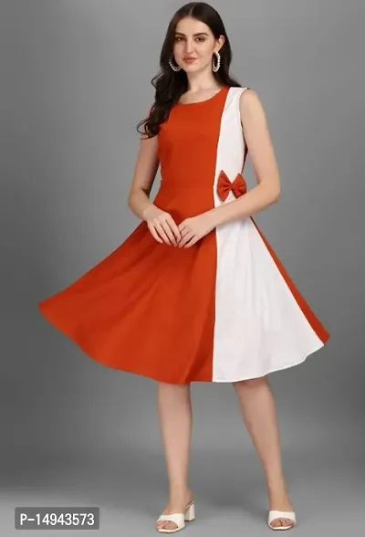 Stylish Orange Lycra Colourblocked Fit And Flare Dress For Women