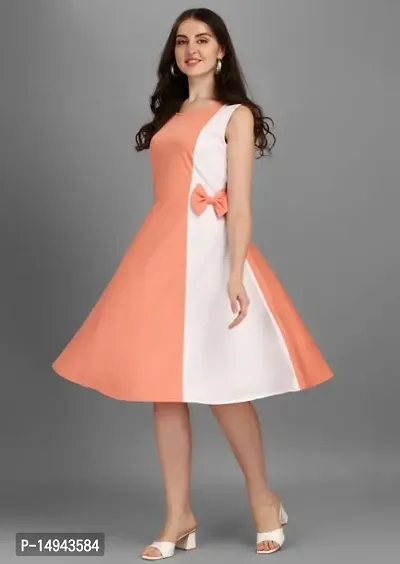 Stylish Peach Lycra Colourblocked Fit And Flare Dress For Women