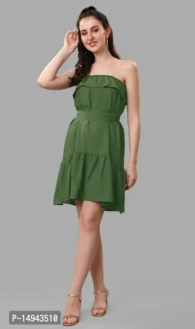 Stylish Green Crepe Solid Fit And Flare Dress For Women