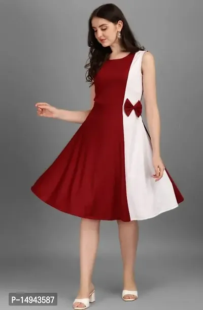 Stylish Red Lycra Colourblocked Fit And Flare Dress For Women