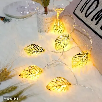 10 LED String Golden Iron Metal Leaf Check Shape Lights Ornament for Indoor Outdoor Decoration | Copper String Fairy Light for Home,Office, Diwali, Eid  Christmas string light
